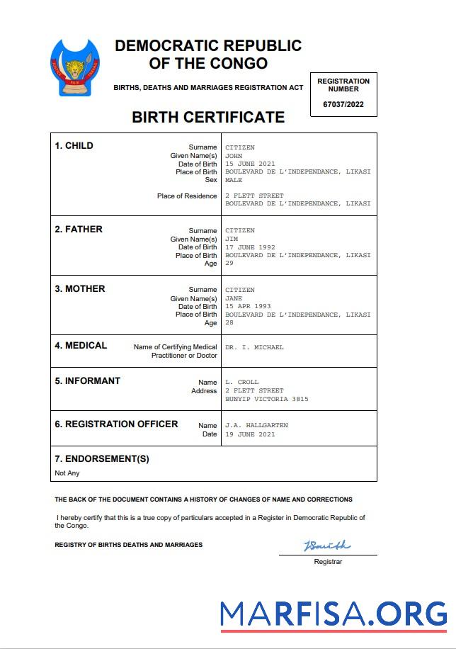 Downloadable Democratic Republic of the Congo birth certificate Word and PDF template